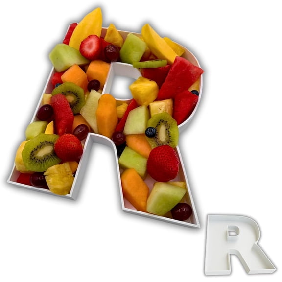 Custom Design It 10 Inch Fillable Letter R Tray, Reusable Plastic Charcuterie Box, White