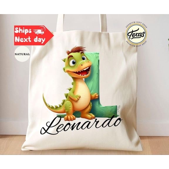 Custom Dinosaur Alphabet Tote Bag Personalized Kids Gift