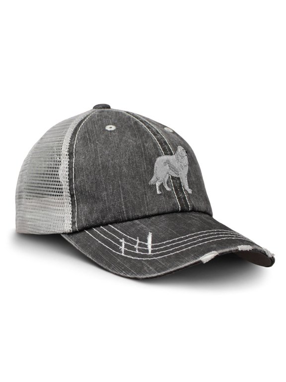 Custom Distressed Trucker Hat Great Pyrenees Embroidery Cotton for Men & Women Strap Closure Black Gray Design Only