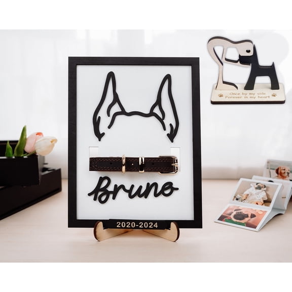 Custom Dog Memorial Frame with Collar Holder, Personalized Dog Ear Name Sign, Pet Remembrance Gift, Rainbow Bridge Memorial, Pet Ear Artwork