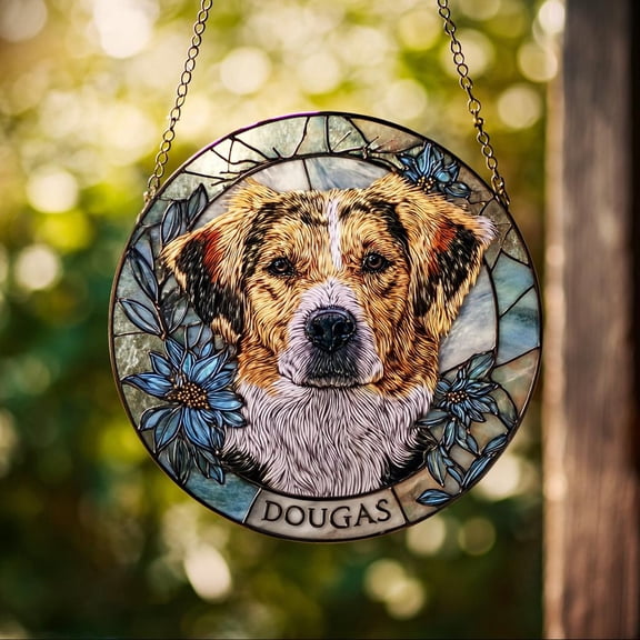 Custom Dog Portrait Stained Glass Suncatcher: Pet Memorial Gift from Photo, Decor gift