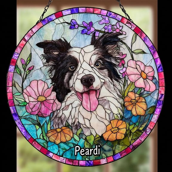 Custom Dog Portrait Suncatcher, Pet Memorial Stained Glass