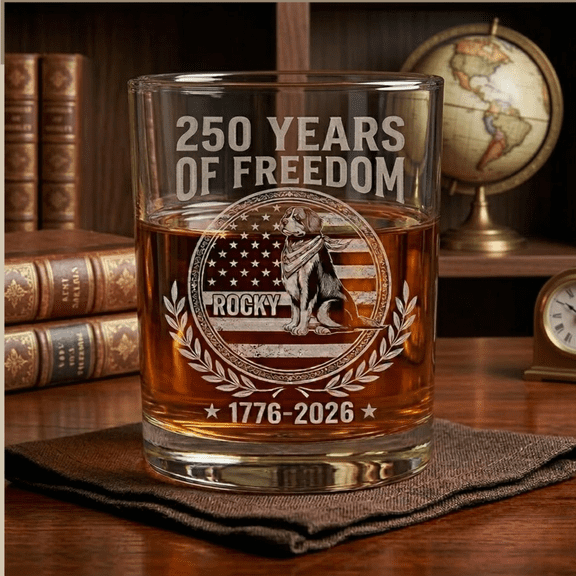 Custom Dog Whiskey Glass, 250 Years of American Freedom Gift for Dog Lovers, Patriotic Engraved Bourbon Glass, USA Anniversary Barware