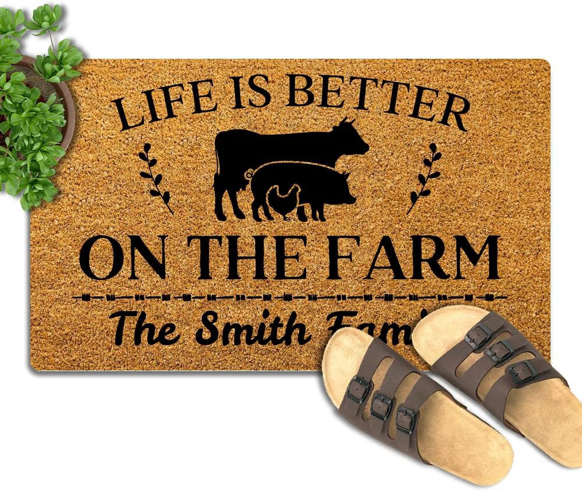 Custom Door Mat Personalized Family Name Doormat Life is Better On The Farm Outdoor Welcome Doormats for Front Door Indoor Entrance Low Profile Doormat for Floor Funny Outside Entry Decor 17x30 inch.