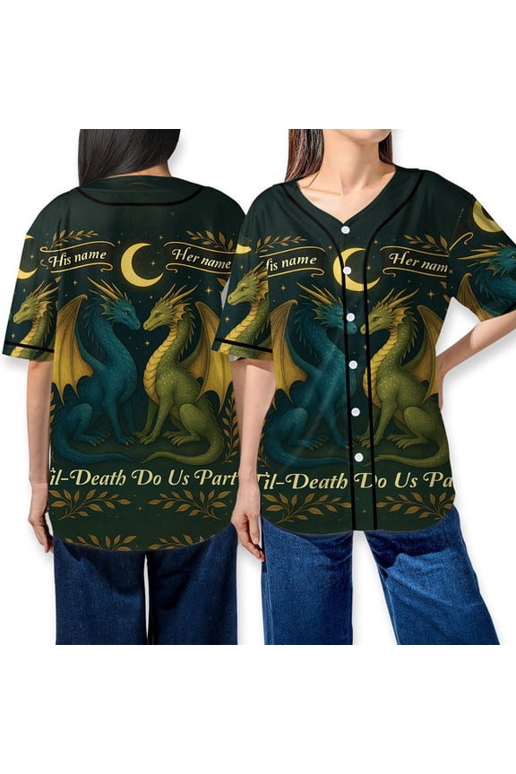 Custom Dragon Couple Baseball Jersey Shirt - "Til Death Do Us Part" Jersey - Personalized His and Her Name Baseball Shirt - Fantasy Lover Gift for Couples, Anniversary, Wedding