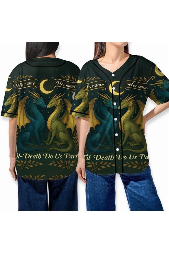 Custom Dragon Couple Baseball Jersey Shirt - "Til Death Do Us Part" Jersey - Personalized His and Her Name Baseball Shirt - Fantasy Lover Gift for Couples, Anniversary, Wedding