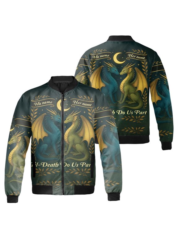 Custom Dragon Couple Bomber Jacket - "Til Death Do Us Part" Coat - Personalized Fantasy Lover Gift for Couples, Anniversary, Wedding Jacket