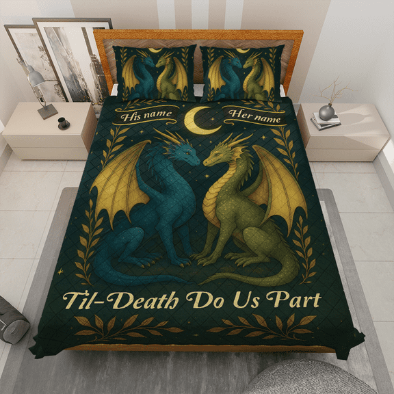 Custom Dragon Couple Quilt Bedding Set – 'Til Death Do Us Part – Romantic Anniversary or Wedding Gift