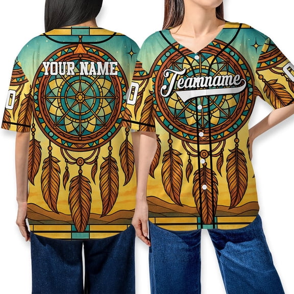 Custom Dreamcatcher Baseball Jersey Shirt - Vintage American Boho Style - Personalized Name & Team - Unisex Button-Up Shirt