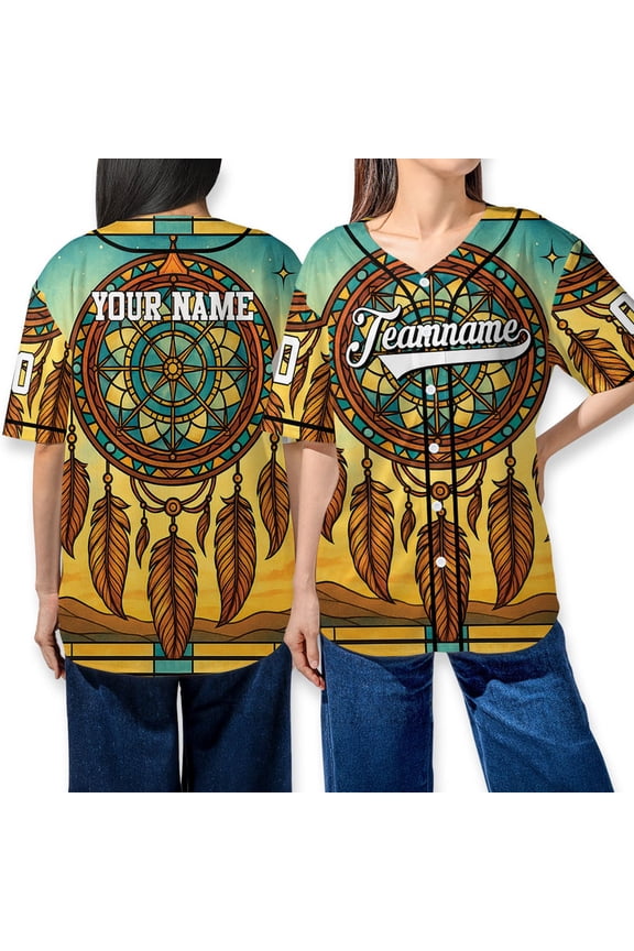 Custom Dreamcatcher Baseball Jersey Shirt - Vintage American Boho Style - Personalized Name & Team - Unisex Button-Up Shirt