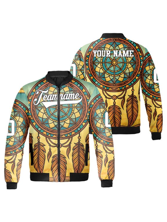 Custom Dreamcatcher Bomber Jacket – Personalized Tribal Boho Style Zip-Up Coat for Men and Women – American Tribal Inspired Graphic Outerwear