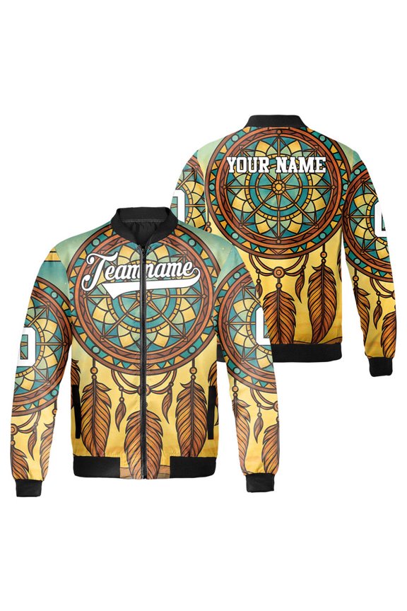 Custom Dreamcatcher Bomber Jacket – Personalized Tribal Boho Style Zip-Up Coat for Men and Women – American Tribal Inspired Graphic Outerwear