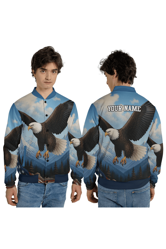 Custom Eagle American Flag Baseball Jacket, Custom Patriotic US, USA Freedom Outerwear, Bald Eagle Team Jacket