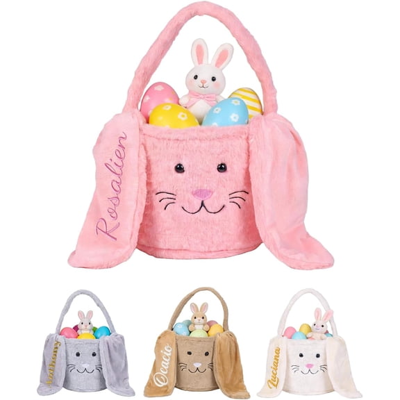 Custom Easter Basket, Personalized Plush Bunny Ear Basket With Embroidered Name, Rabbit Ear Handle, For Boys Girls, Baby Shower, Egg Hunt, Daily Storage, Assorted Colors