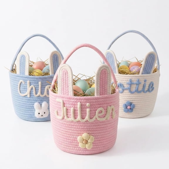 Custom Easter Bunny Basket With Name, 3D Embroidered Cotton Rope Bucket, Hand-Woven Egg Hunt Bag With Rabbit Ears and Plush Charm for Toddlers