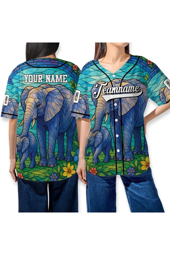Custom Elephant Baseball Jersey - Personalized Name & Team Design, Stained Glass Elephant Artwork, Unique Outfit Gift for Elephant Lovers and Sports Fans