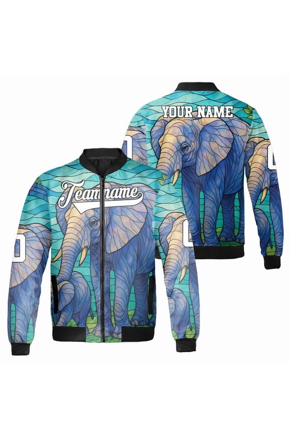 Custom Elephant Bomber Jacket - Personalized Stained Glass Elephant Artwork Outerwear - Unique Gift for Elephant Lovers and Sports Fans Jacket