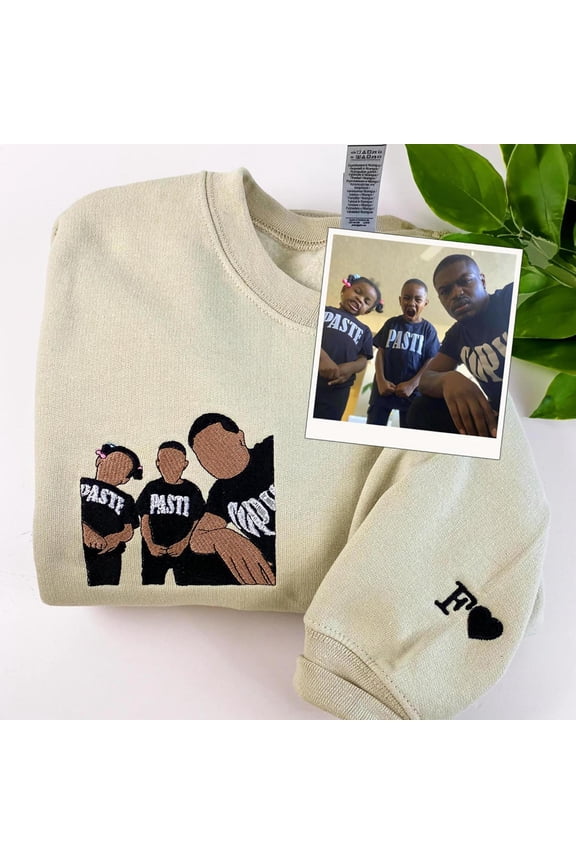 Custom Embroidered Dad Daughter Portrait Sweatshirt Personalized Initial on Sleeve Gift, Custom Embroidered Sweatshirt