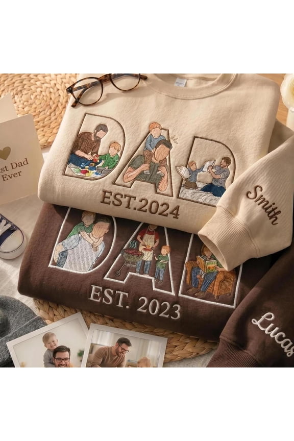 Custom Embroidered Dad Sweatshirt with Photo Inside Letters, Personalized Father's Day, Custom Embroidered Sweatshirt