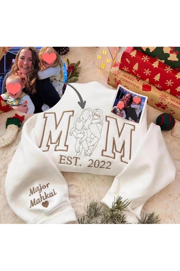 Custom Embroidered Mama Outline Portrait Sweatshirt, Custom Embroidered Sweatshirt