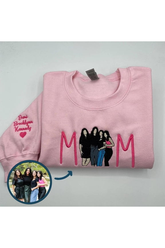 Custom Embroidered Mama Portrait Sweatshirt with Initial on Sleeve, Custom Embroidered Sweatshirt