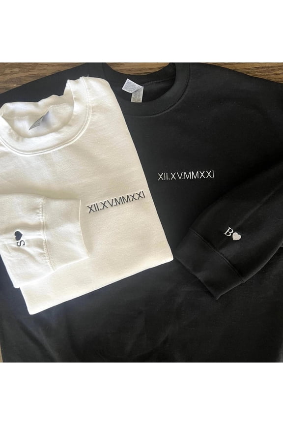Custom Embroidered Roman Numeral Sweatshirt, Couple Initial On Sleeve, Anniversary Year, Personalized Date, Unisex Sweatshirt, LINHKHA