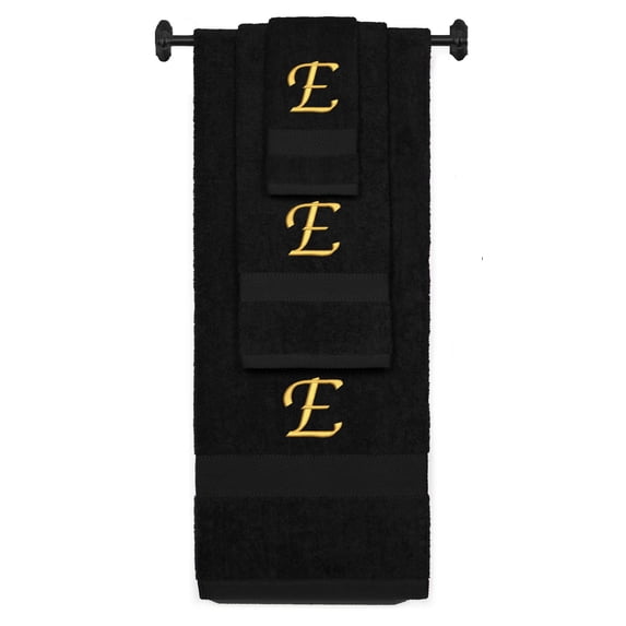 Custom Embroidered Terry Cotton Ring Spun Bath Towel, Hand Towel And Washcloth Set - Black Towel Set, Gold Chancery Initial F