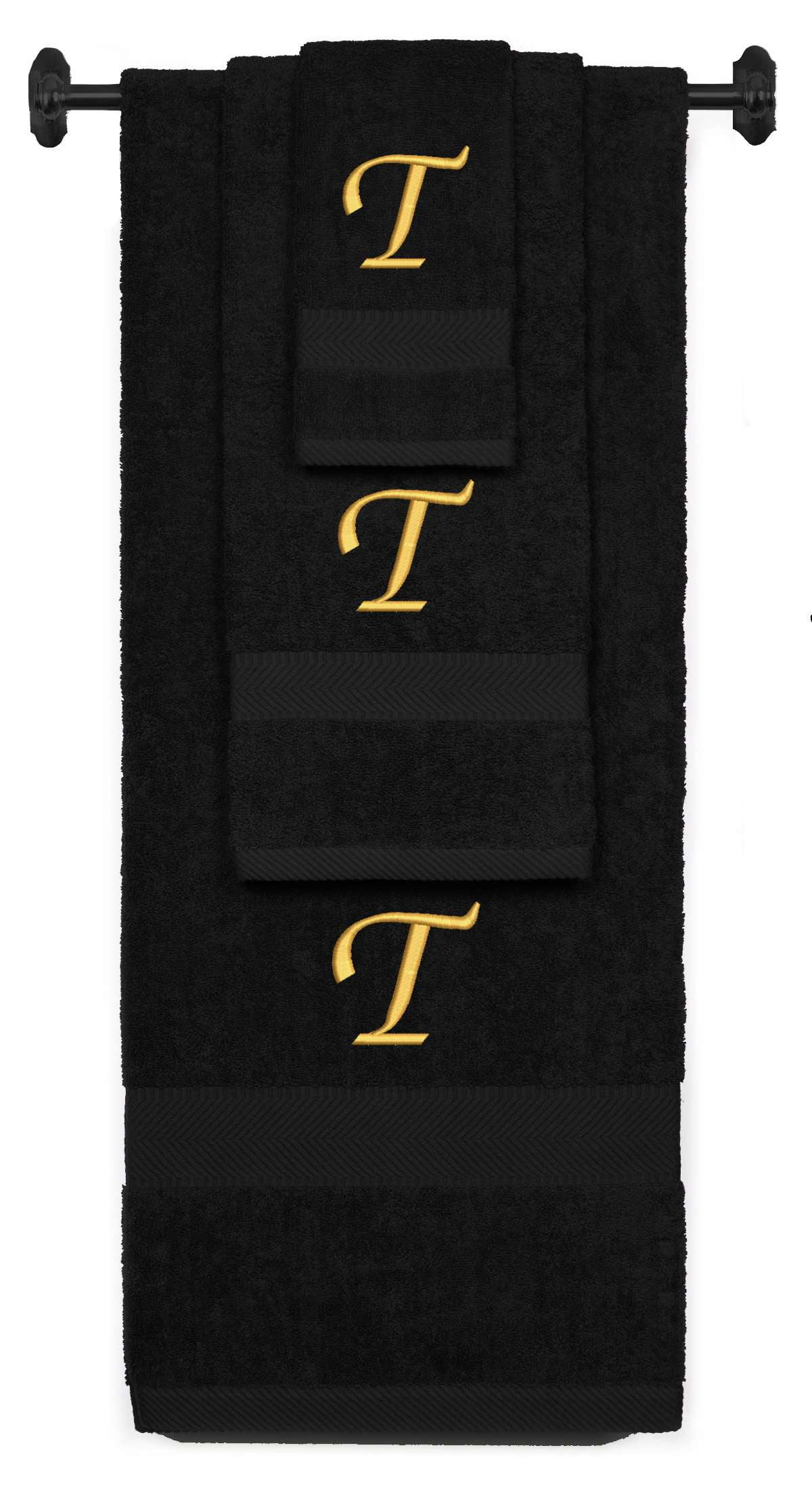 Custom Embroidered Terry Cotton Ring Spun Bath Towel, Hand Towel And Washcloth Set - Black Towel Set, Gold Chancery Initial T