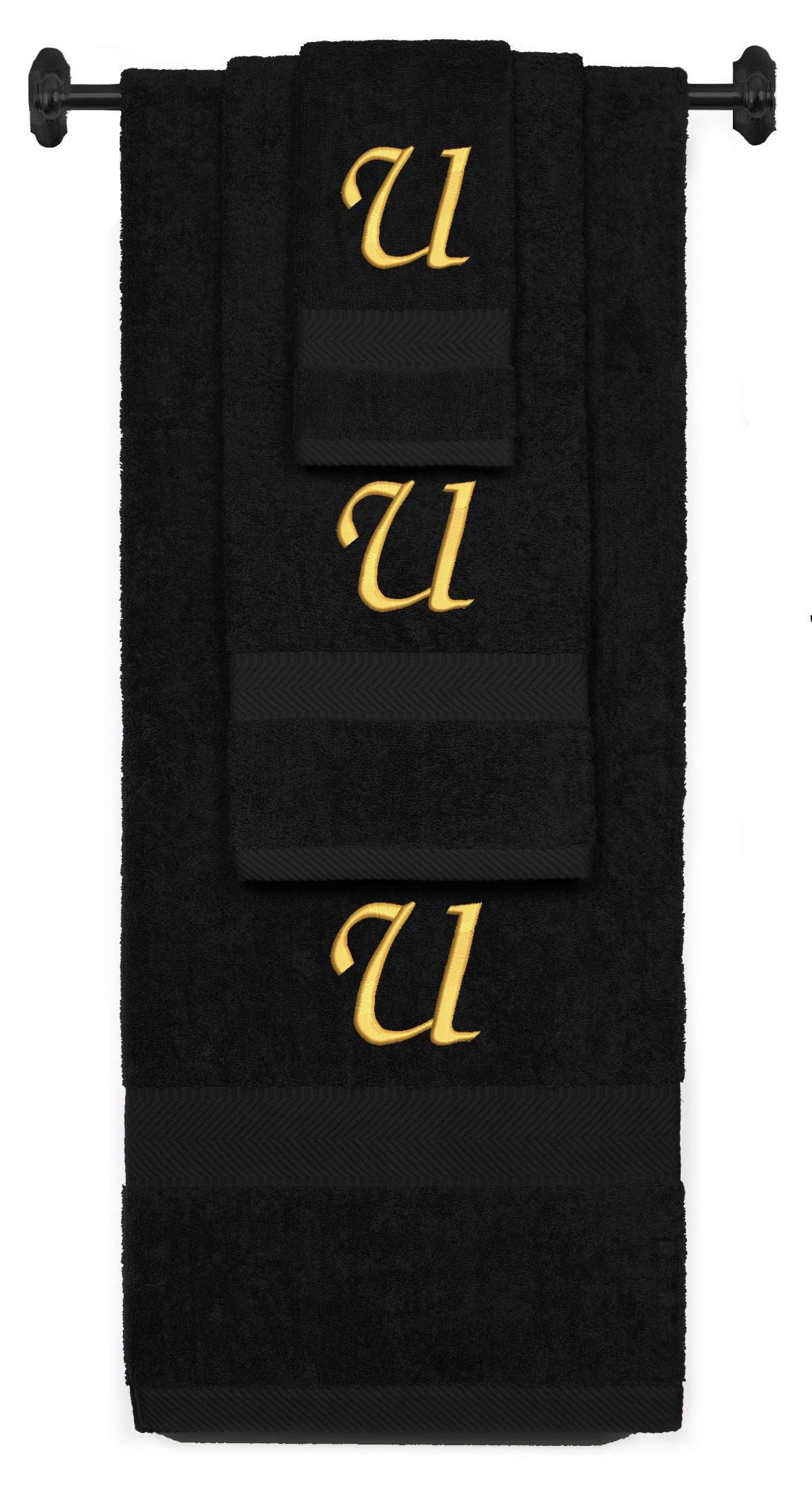 Custom Embroidered Terry Cotton Ring Spun Bath Towel, Hand Towel And Washcloth Set - Black Towel Set, Gold Chancery Initial U