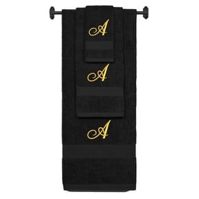 Custom Embroidered Terry Cotton Ring Spun Bath Towel, Hand Towel And Washcloth Set - Black Towel Set, Gold Fancy Script Initial A