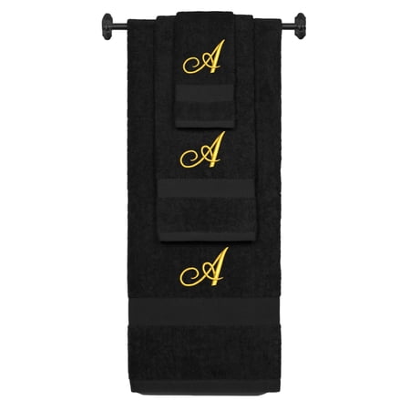 Custom Embroidered Terry Cotton Ring Spun Bath Towel, Hand Towel And Washcloth Set - Black Towel Set, Gold Fancy Script Initial A