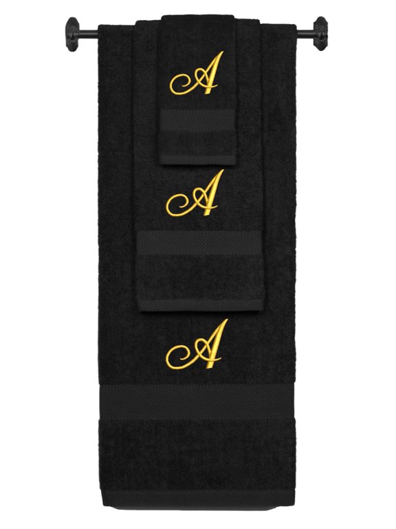 Custom Embroidered Terry Cotton Ring Spun Bath Towel, Hand Towel And Washcloth Set - Black Towel Set, Gold Fancy Script Initial A