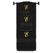 Custom Embroidered Terry Cotton Ring Spun Bath Towel, Hand Towel And Washcloth Set - Black Towel Set, Gold Fancy Script Initial E