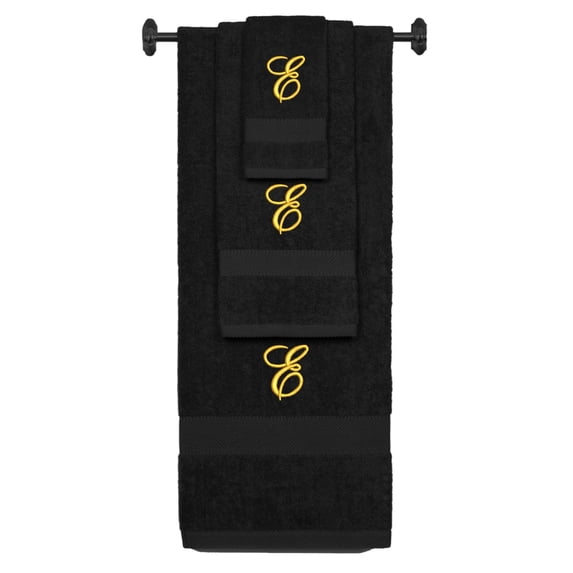Custom Embroidered Terry Cotton Ring Spun Bath Towel, Hand Towel And Washcloth Set - Black Towel Set, Gold Fancy Script Initial E