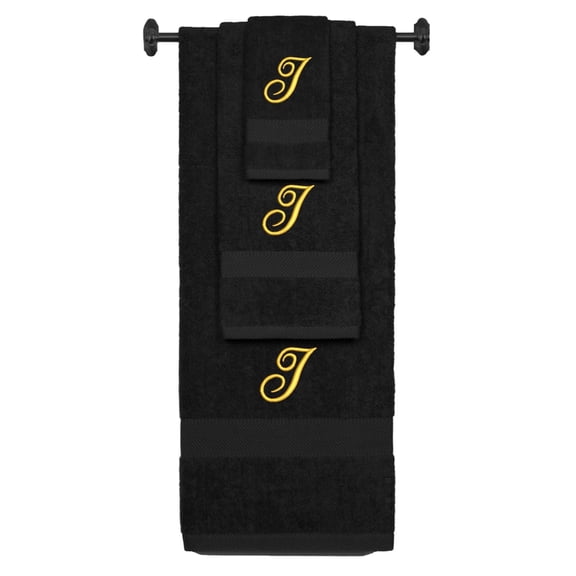 Custom Embroidered Terry Cotton Ring Spun Bath Towel, Hand Towel And Washcloth Set - Black Towel Set, Gold Fancy Script Initial I