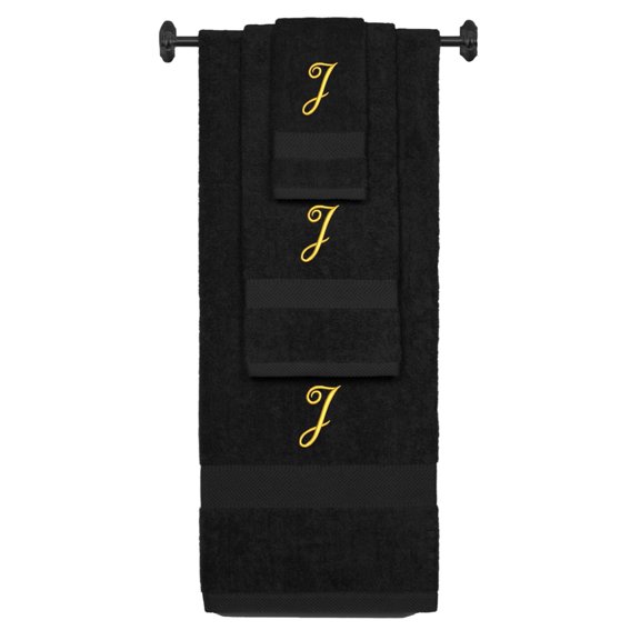 Custom Embroidered Terry Cotton Ring Spun Bath Towel, Hand Towel And Washcloth Set - Black Towel Set, Gold Fancy Script Initial J