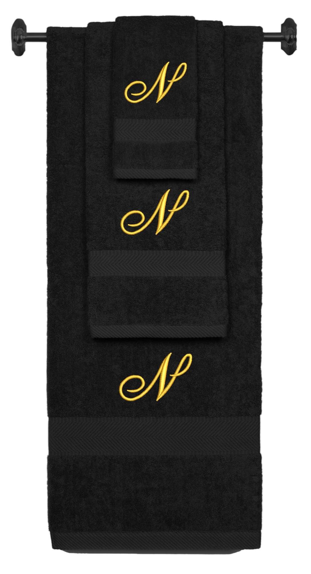 Custom Embroidered Terry Cotton Ring Spun Bath Towel, Hand Towel And Washcloth Set - Black Towel Set, Gold Fancy Script Initial N