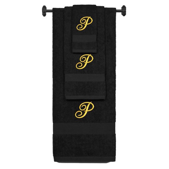 Personalized Embroidered Terry Cotton Ring Spun Bath Towel, Hand Towel And Washcloth Set - Black Towel Set, Gold Fancy Script Initial P