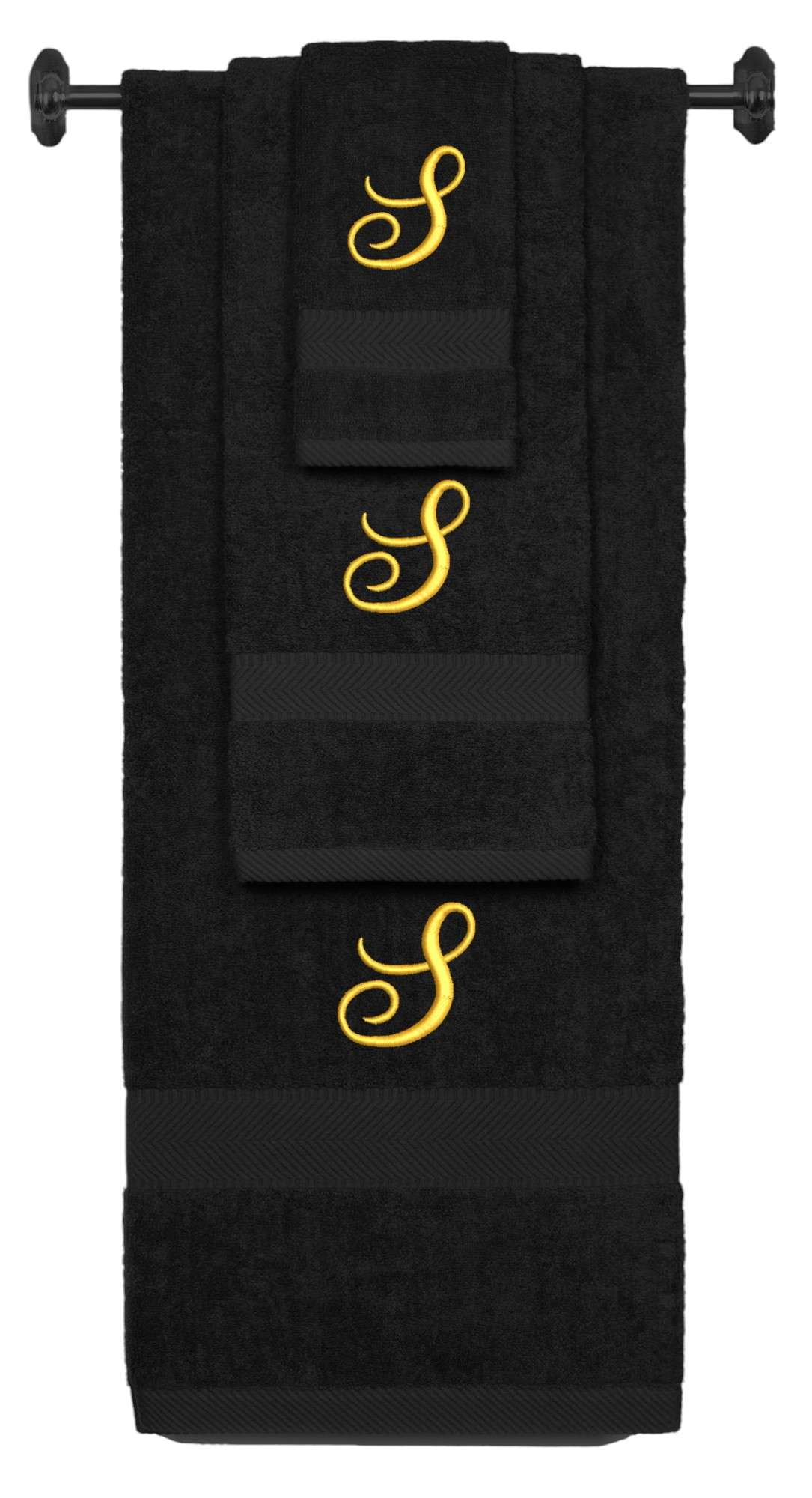 Custom Embroidered Terry Cotton Ring Spun Bath Towel, Hand Towel And Washcloth Set - Black Towel Set, Gold Fancy Script Initial S