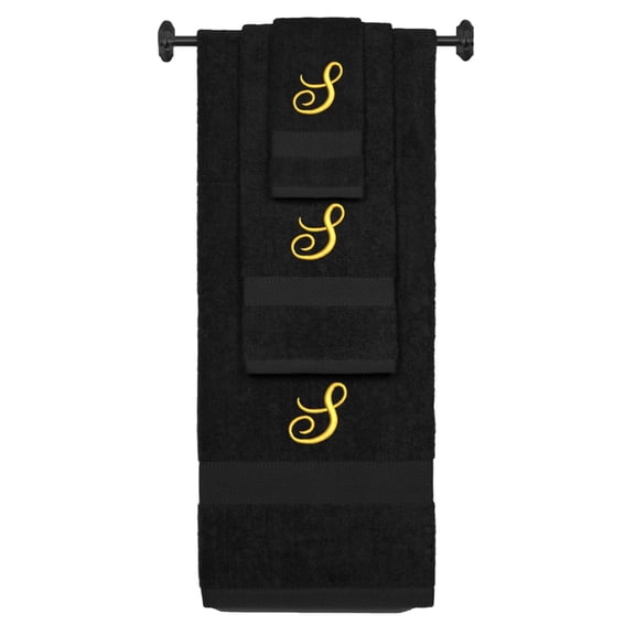 Custom Embroidered Terry Cotton Ring Spun Bath Towel, Hand Towel And Washcloth Set - Black Towel Set, Gold Fancy Script Initial S