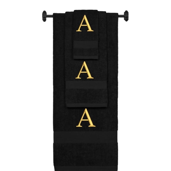 Custom Embroidered Terry Cotton Ring Spun Bath Towel, Hand Towel And Washcloth Set - Black Towel Set, Gold Times New Roman Initial A