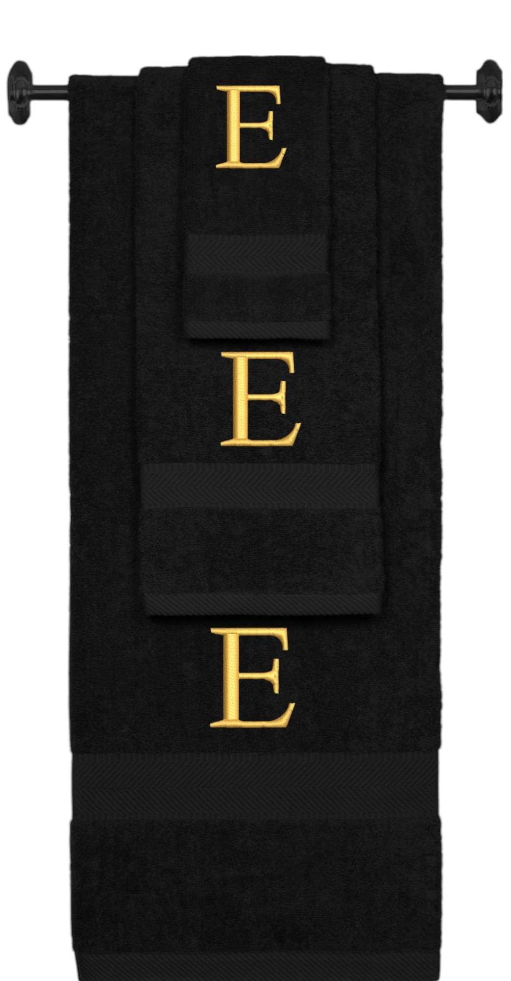 Custom Embroidered Terry Cotton Ring Spun Bath Towel, Hand Towel And Washcloth Set - Black Towel Set, Gold Times New Roman Initial E