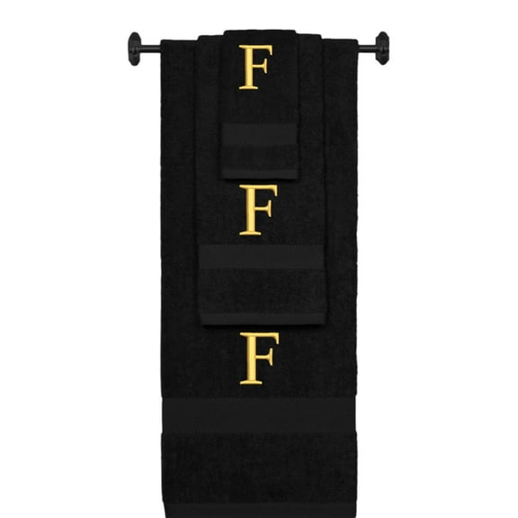 Custom Embroidered Terry Cotton Ring Spun Bath Towel, Hand Towel And Washcloth Set - Black Towel Set, Gold Times New Roman Initial F