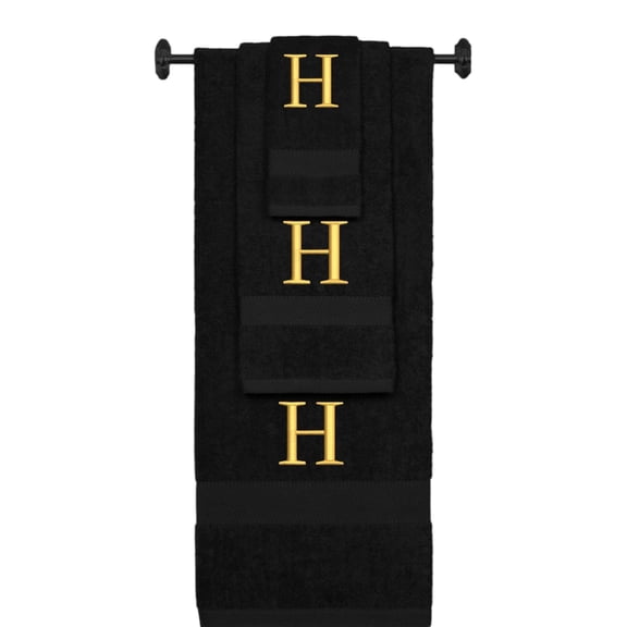 Custom Embroidered Terry Cotton Ring Spun Bath Towel, Hand Towel And Washcloth Set - Black Towel Set, Gold Times New Roman Initial H