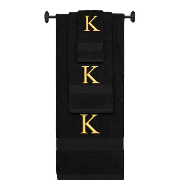 Custom Embroidered Terry Cotton Ring Spun Bath Towel, Hand Towel And Washcloth Set - Black Towel Set, Gold Times New Roman Initial K