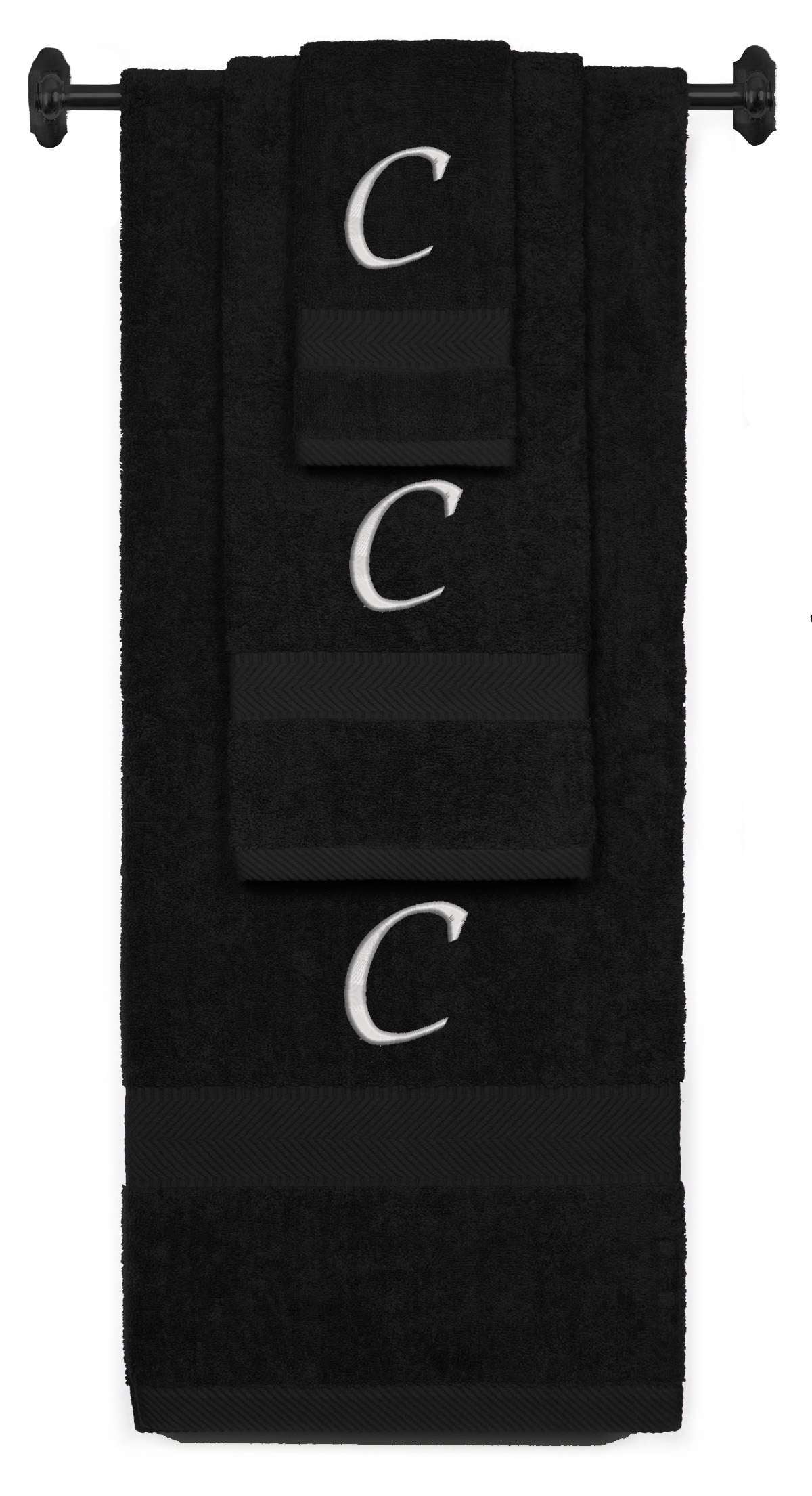 Custom Embroidered Terry Cotton Ring Spun Bath Towel, Hand Towel And Washcloth Set - Black Towel Set, Silver Chancery Initial C