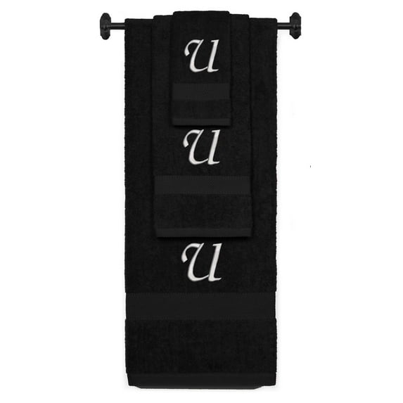 Custom Embroidered Terry Cotton Ring Spun Bath Towel, Hand Towel And Washcloth Set - Black Towel Set, Silver Chancery Initial U