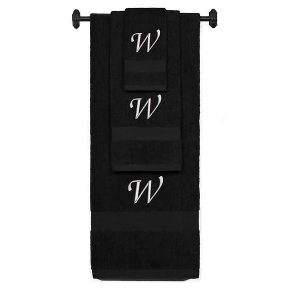 Custom Embroidered Terry Cotton Ring Spun Bath Towel, Hand Towel And Washcloth Set - Black Towel Set, Silver Chancery Initial W