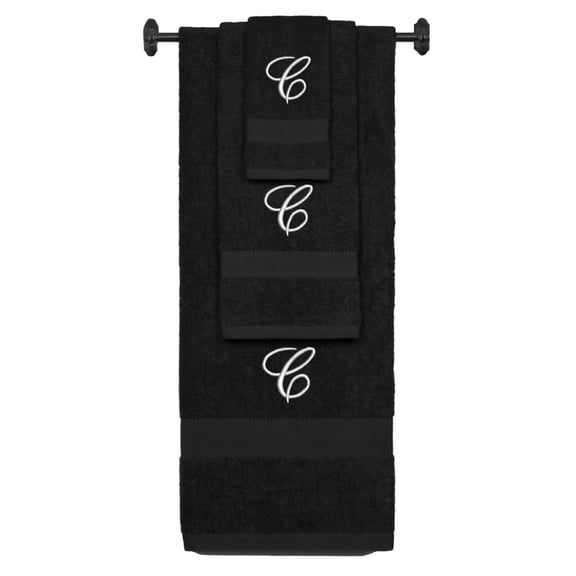 Custom Embroidered Terry Cotton Ring Spun Bath Towel, Hand Towel And Washcloth Set - Black Towel Set, Silver Fancy Script Initial C