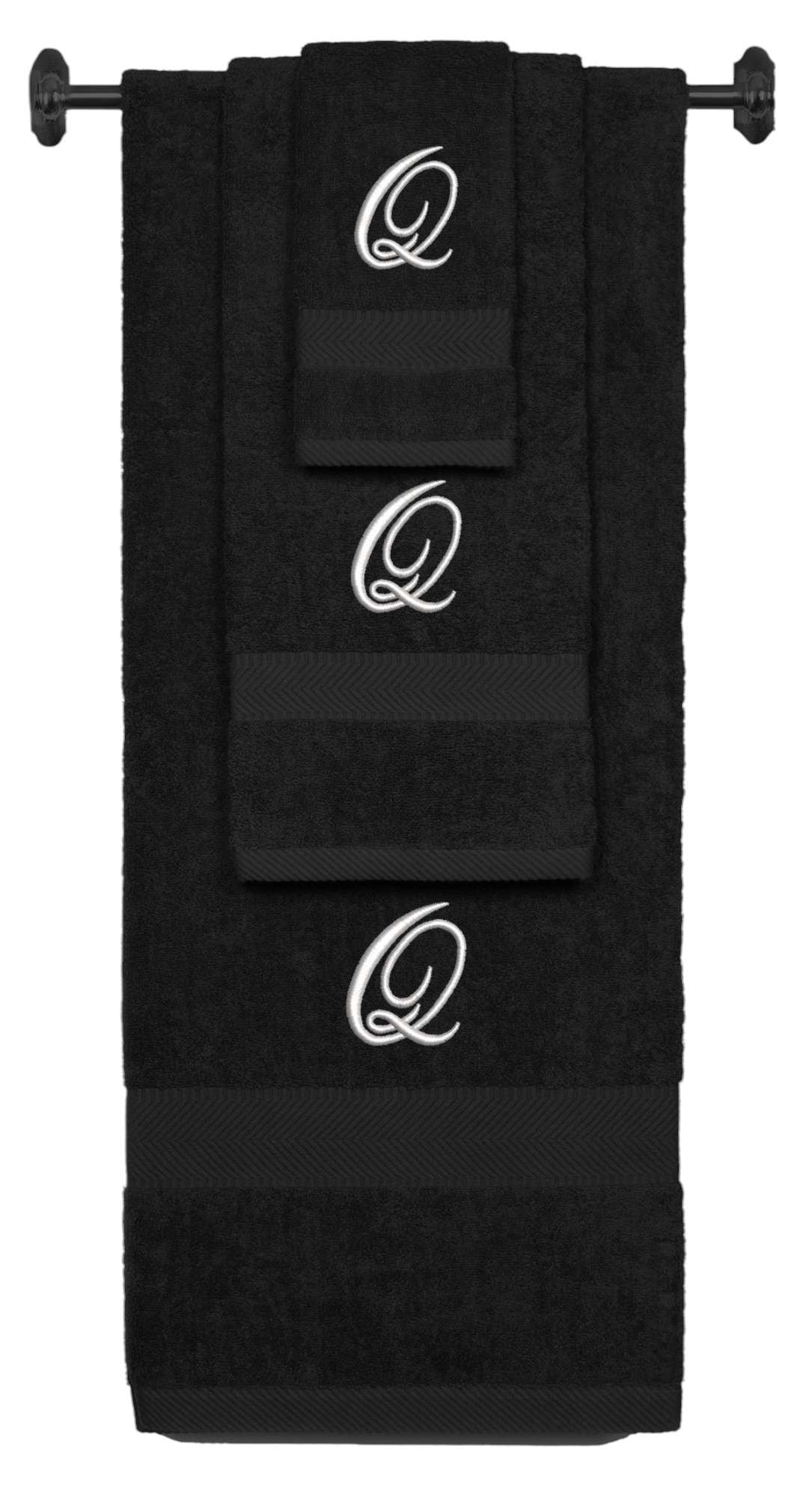 Personalized Embroidered Terry Cotton Ring Spun Bath Towel, Hand Towel And Washcloth Set - Black Towel Set, Silver Fancy Script Initial Q